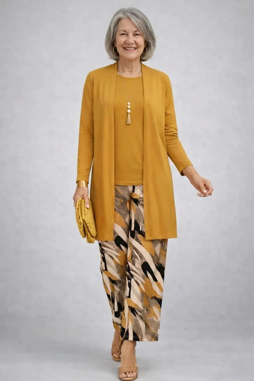 Honora | Mustard Three-Piece Set with Printed Pants