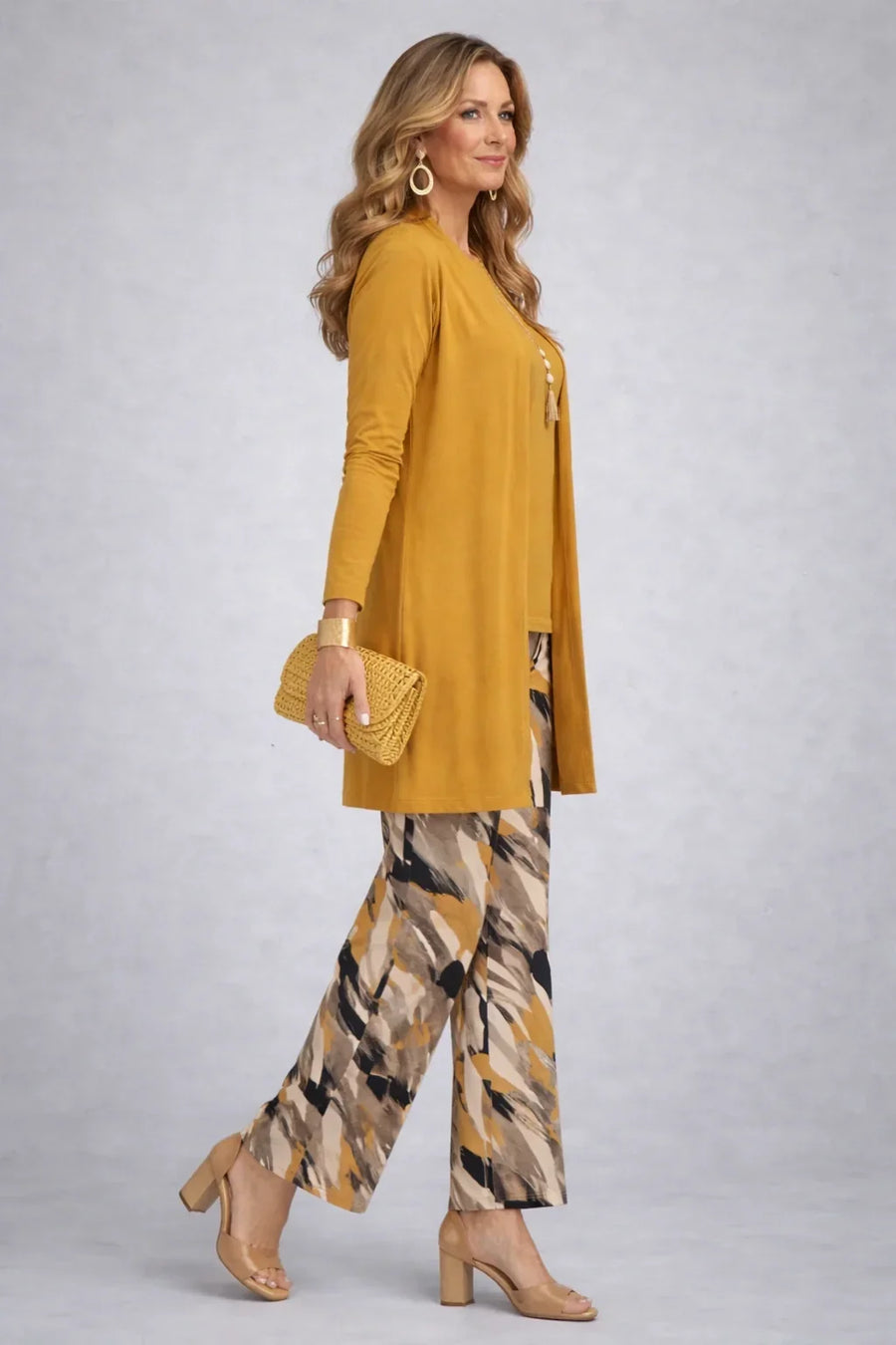 Honora | Mustard Three-Piece Set with Printed Pants