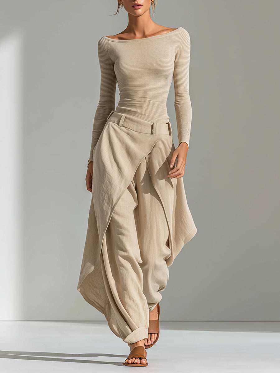 Delphine | Beige Boat-Neck Top and Wide Ruffle Pants