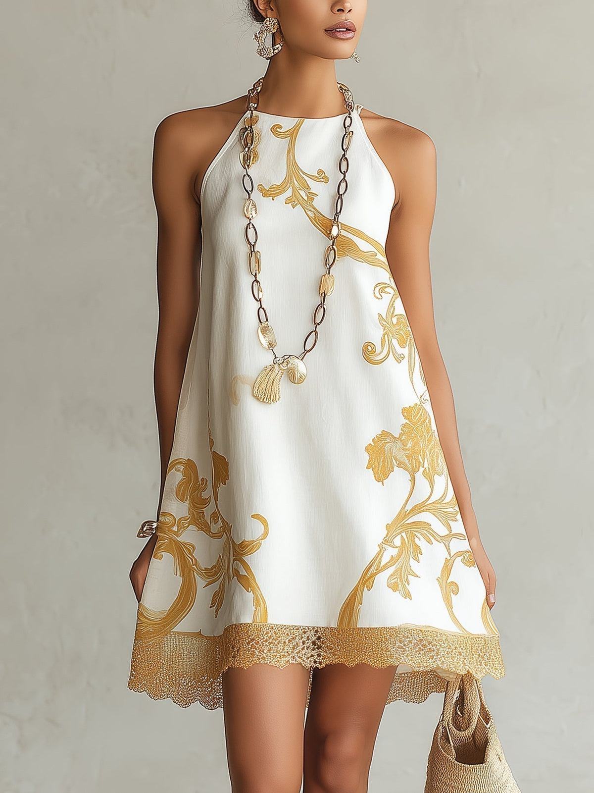 Héloïse | White Lace Mini Dress with Golden Pattern