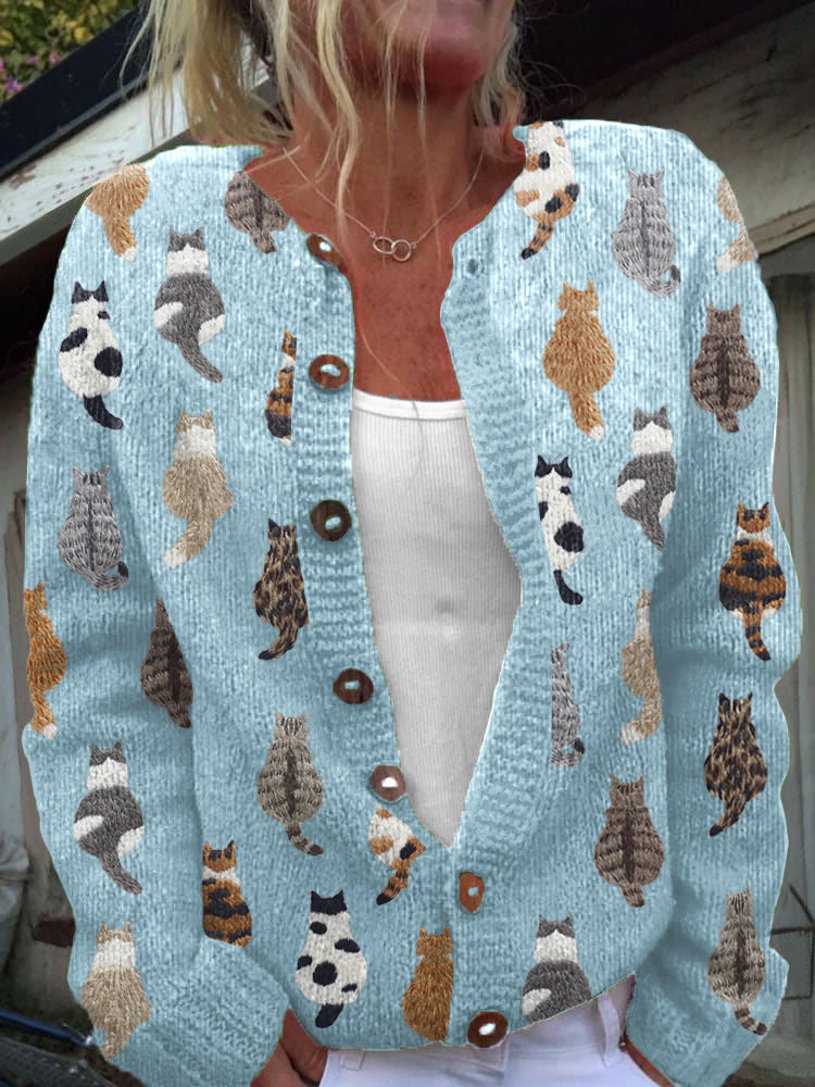 Cozy Cat-Print Button Cardigan