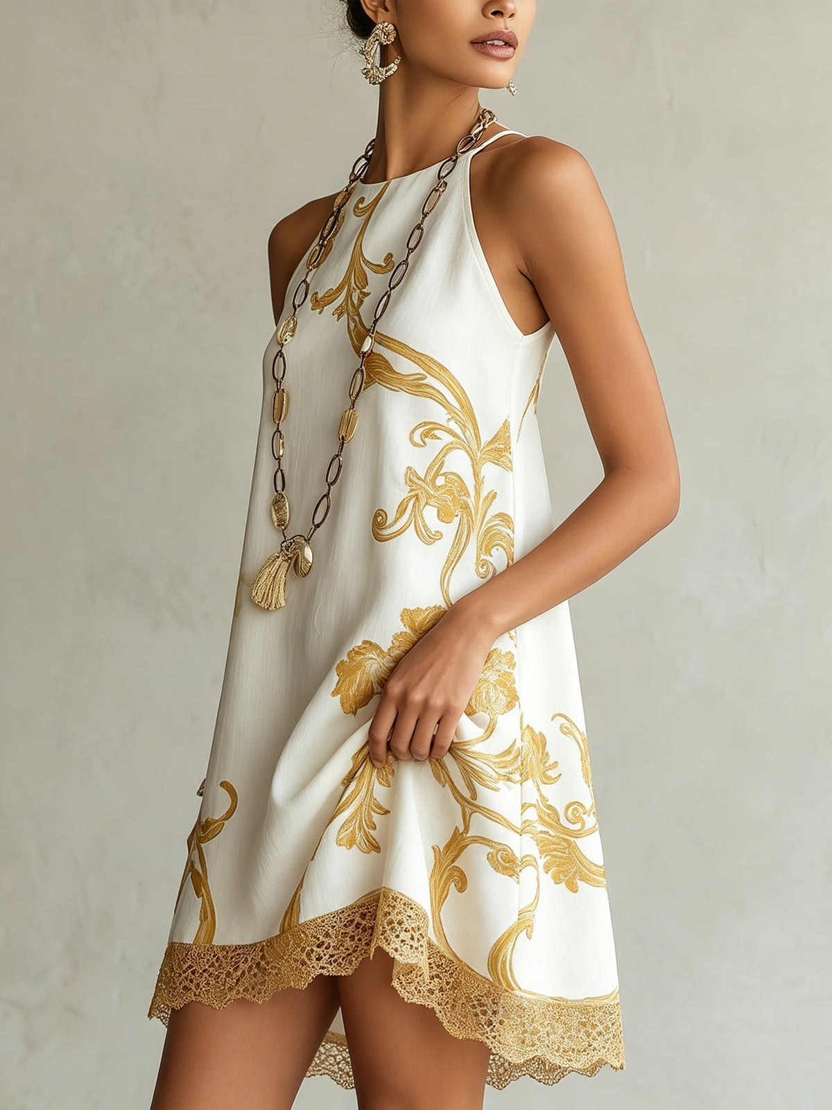 Héloïse | White Lace Mini Dress with Golden Pattern