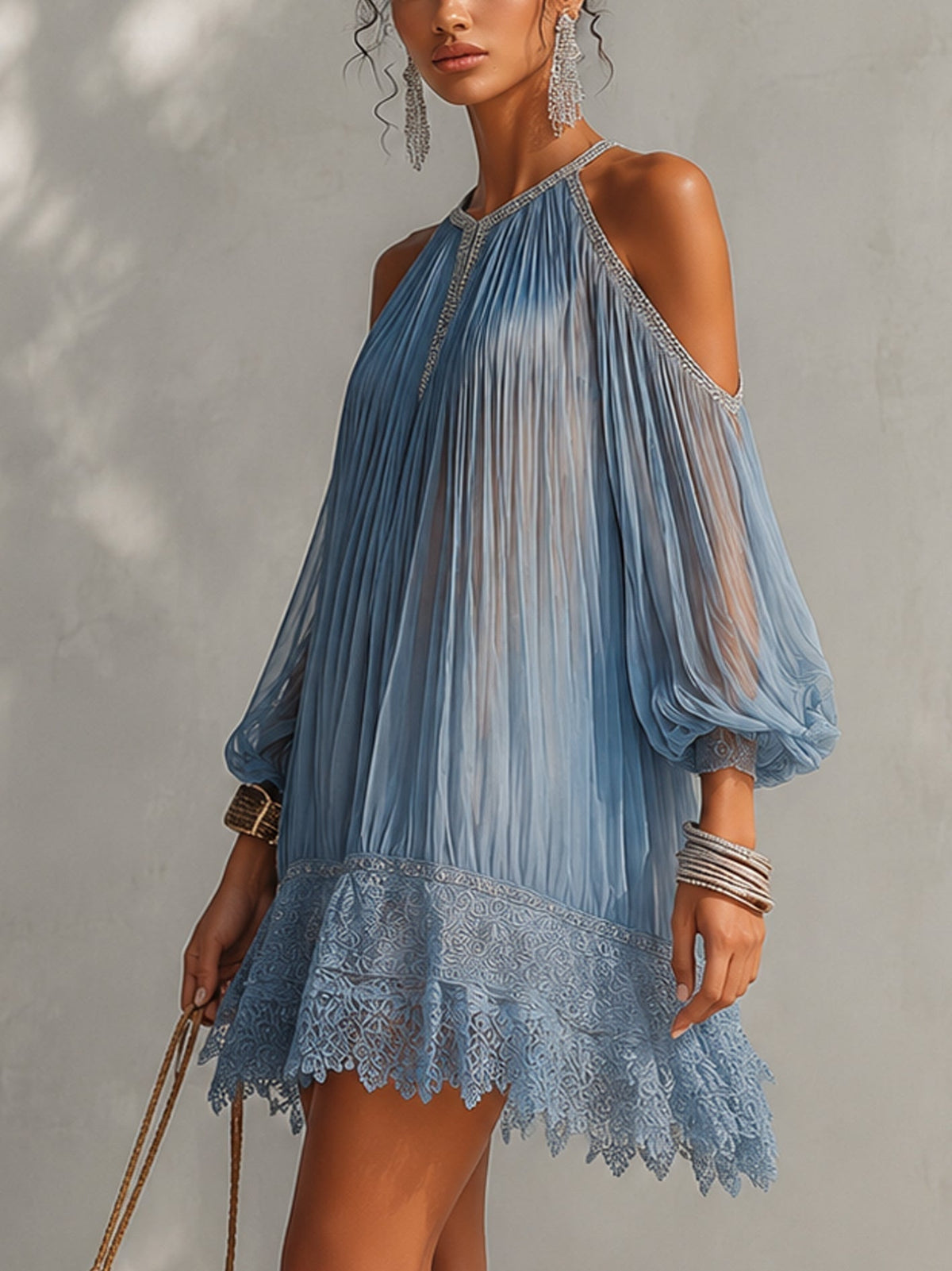 Celeste | Blue Off-Shoulder Mini Dress with Lace Trim