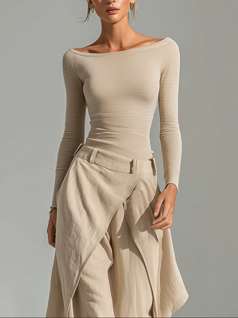 Delphine | Beige Boat-Neck Top and Wide Ruffle Pants