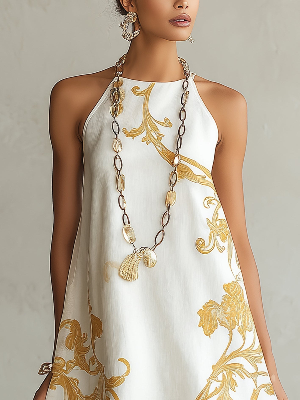 Héloïse | White Lace Mini Dress with Golden Pattern