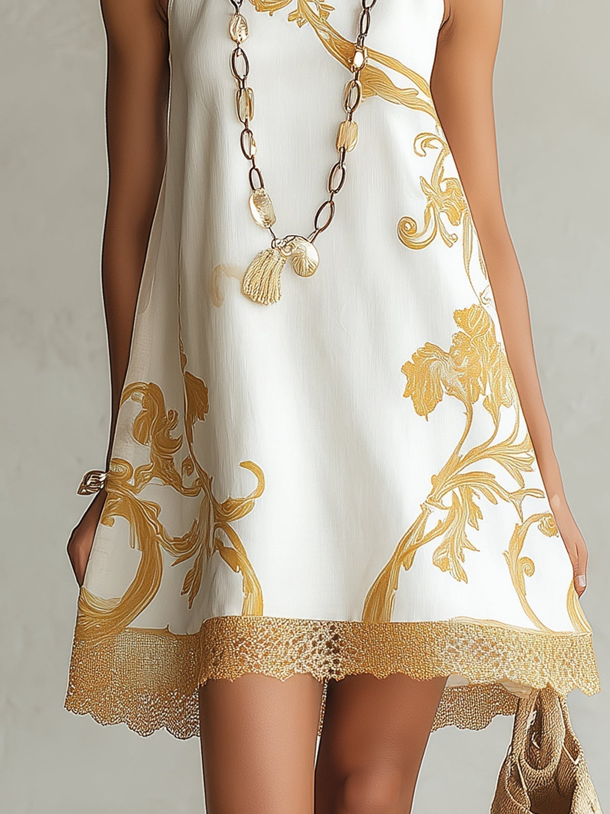 Héloïse | White Lace Mini Dress with Golden Pattern
