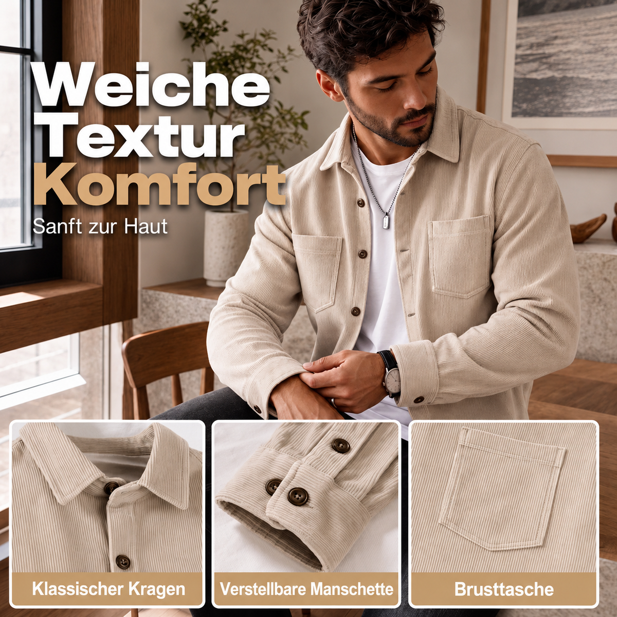 Romelos | Casual Men's Cord Shirt Jacket with Chest Pockets