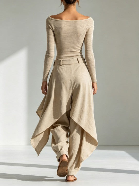 Delphine | Beige Boat-Neck Top and Wide Ruffle Pants