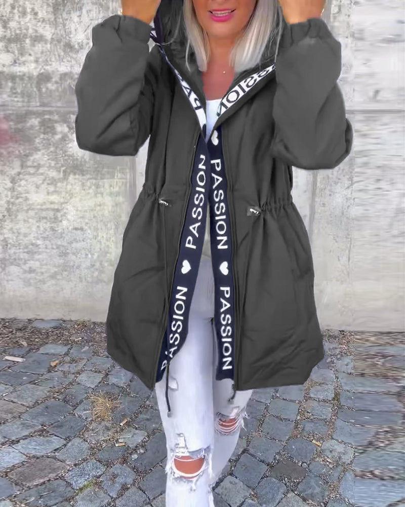 Casual Hooded Coat with Drawstring and Letter Print