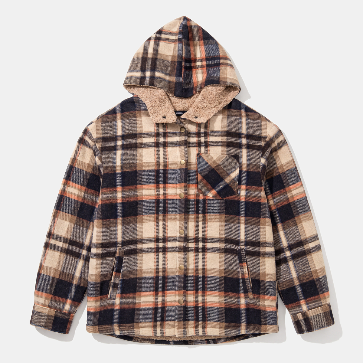Women's Flannel Hooded Check Shacket Fleece Lined Coat