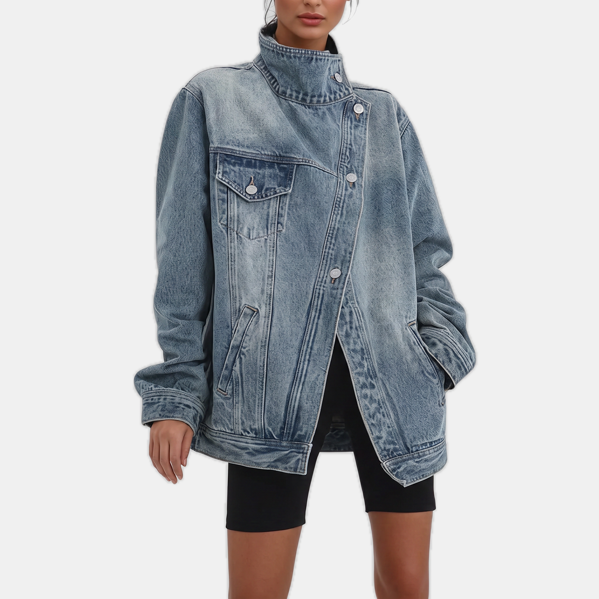 Women's Asymmetrical Button Placket Washed Denim Jacket
