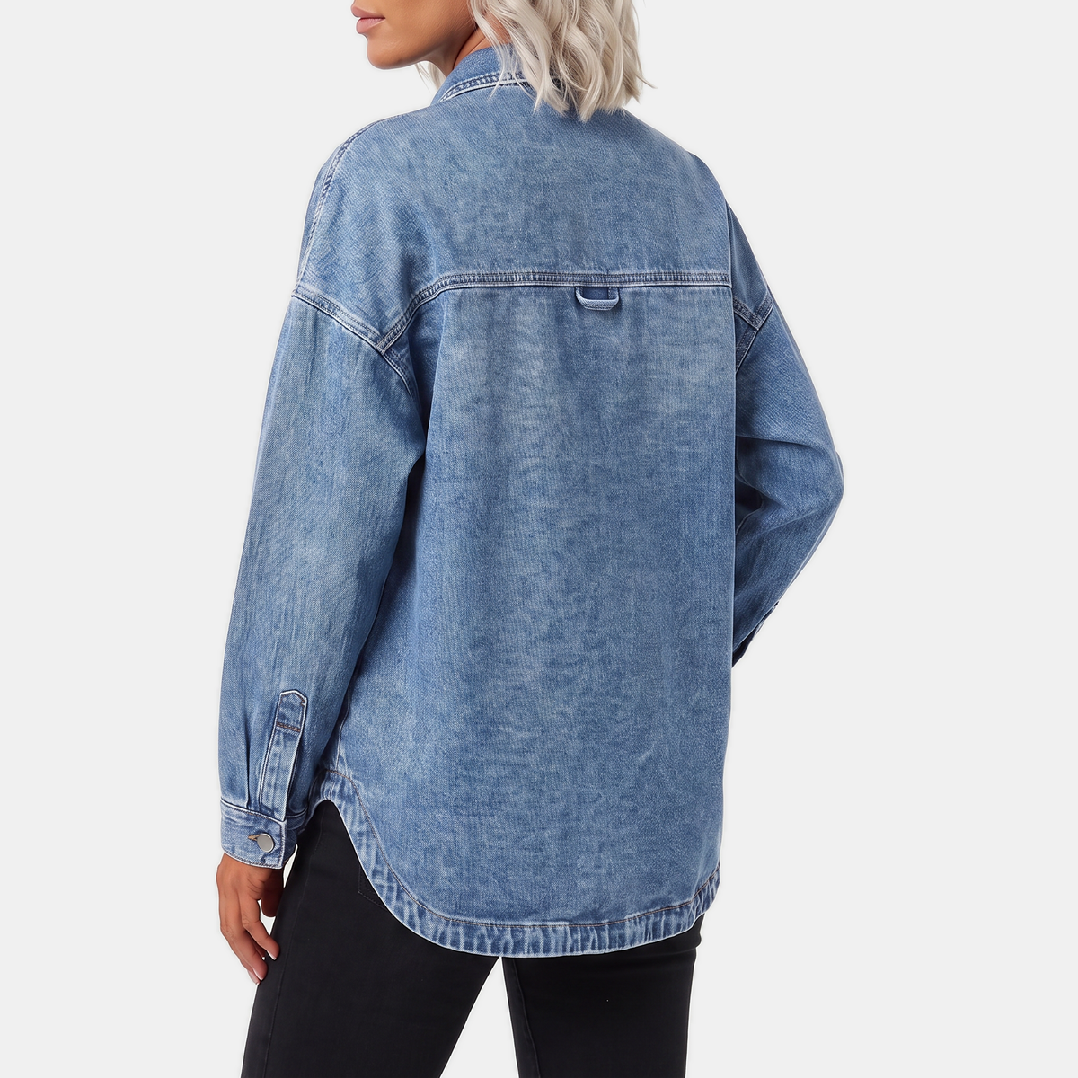 Women's Oversized Button-Down Washed Denim Jacket with Long Sleeves