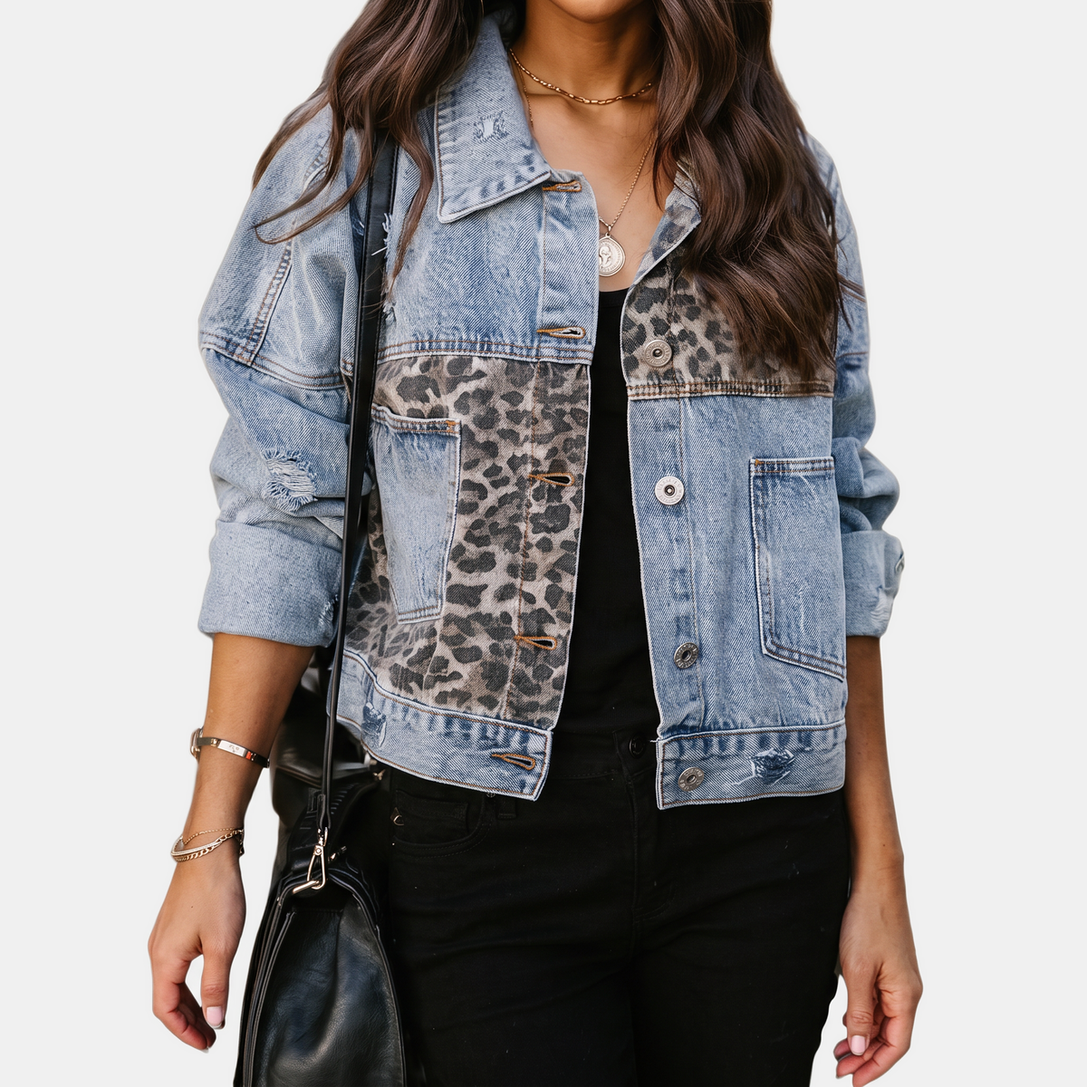 Women's Patchwork Denim Jacket with Raw Hem Detail