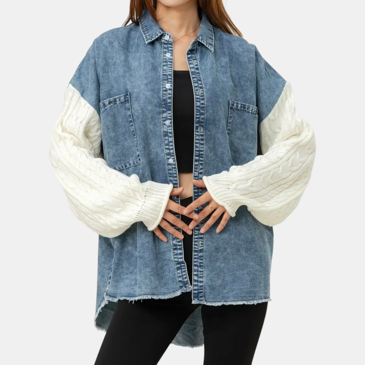 Women's Denim Jacket with Cable Knit Insert and Button Placket, Raw Hem