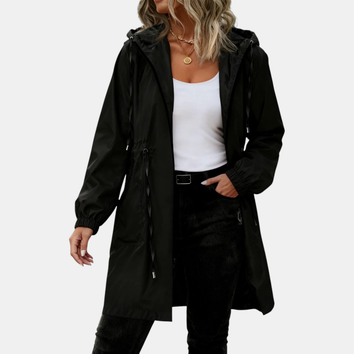 Women's Windbreaker with Drawstring at the Waist, Hood, Long Jacket