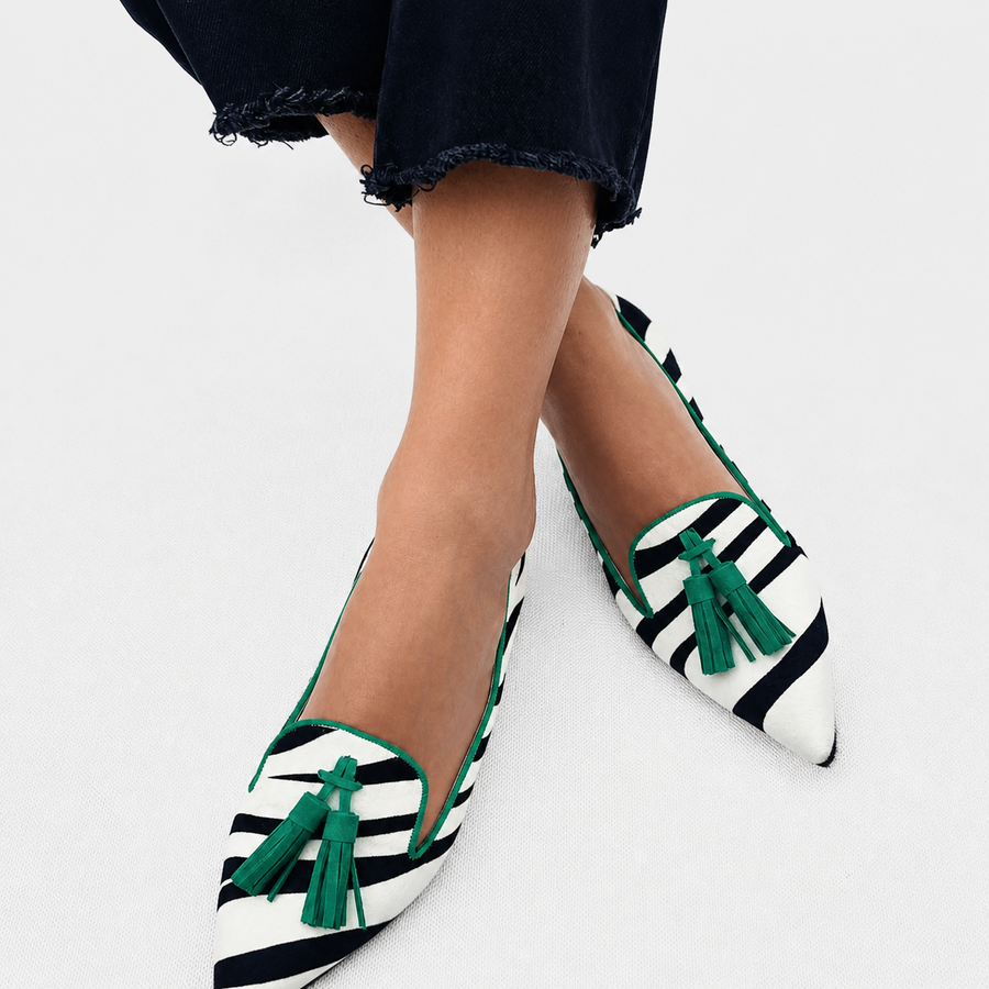 Henriette | Green Moccasins with Zebra Pattern