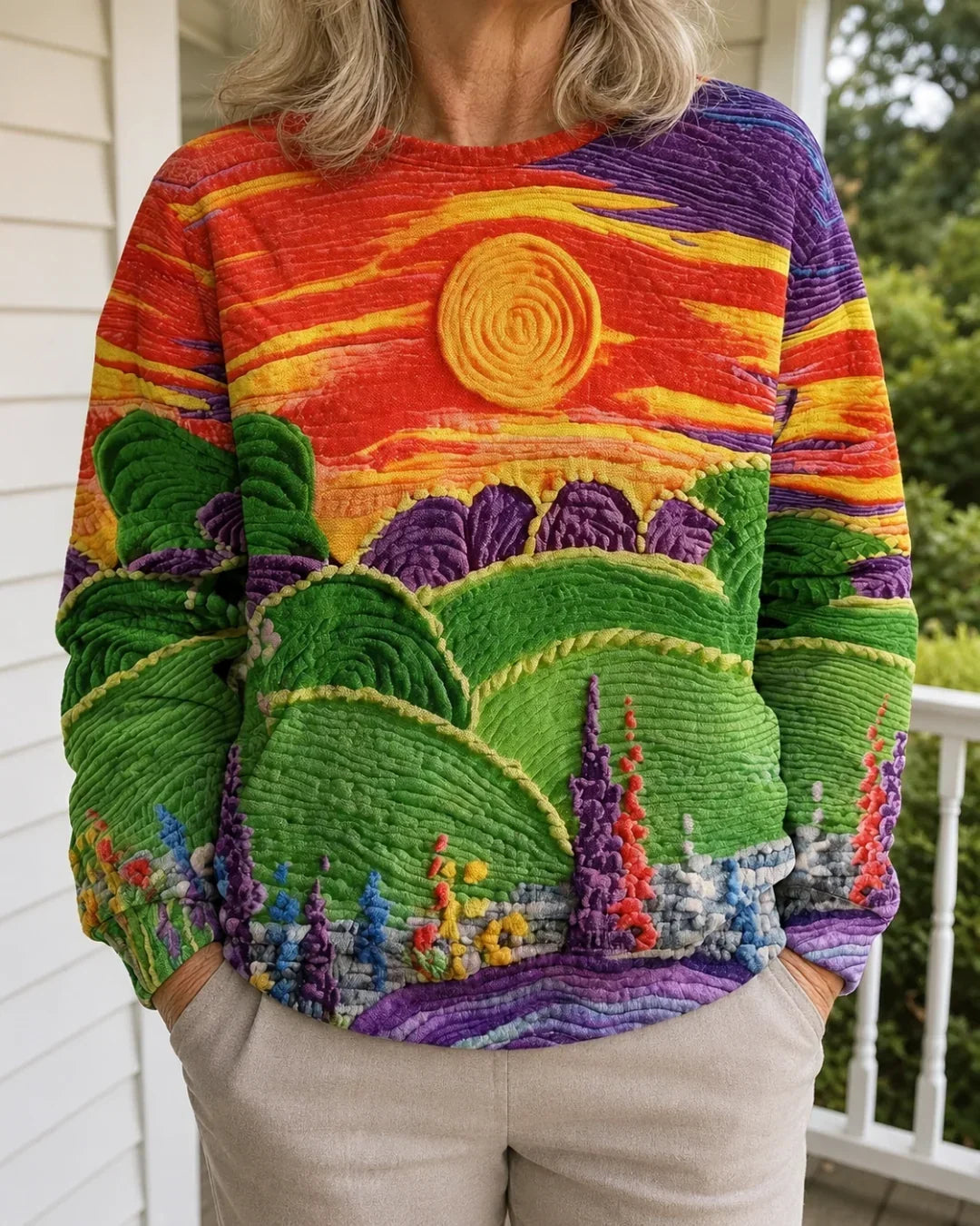 RAVELLA | SUNBURST LANDSCAPE PRINT RELAXED-FIT JUMPER