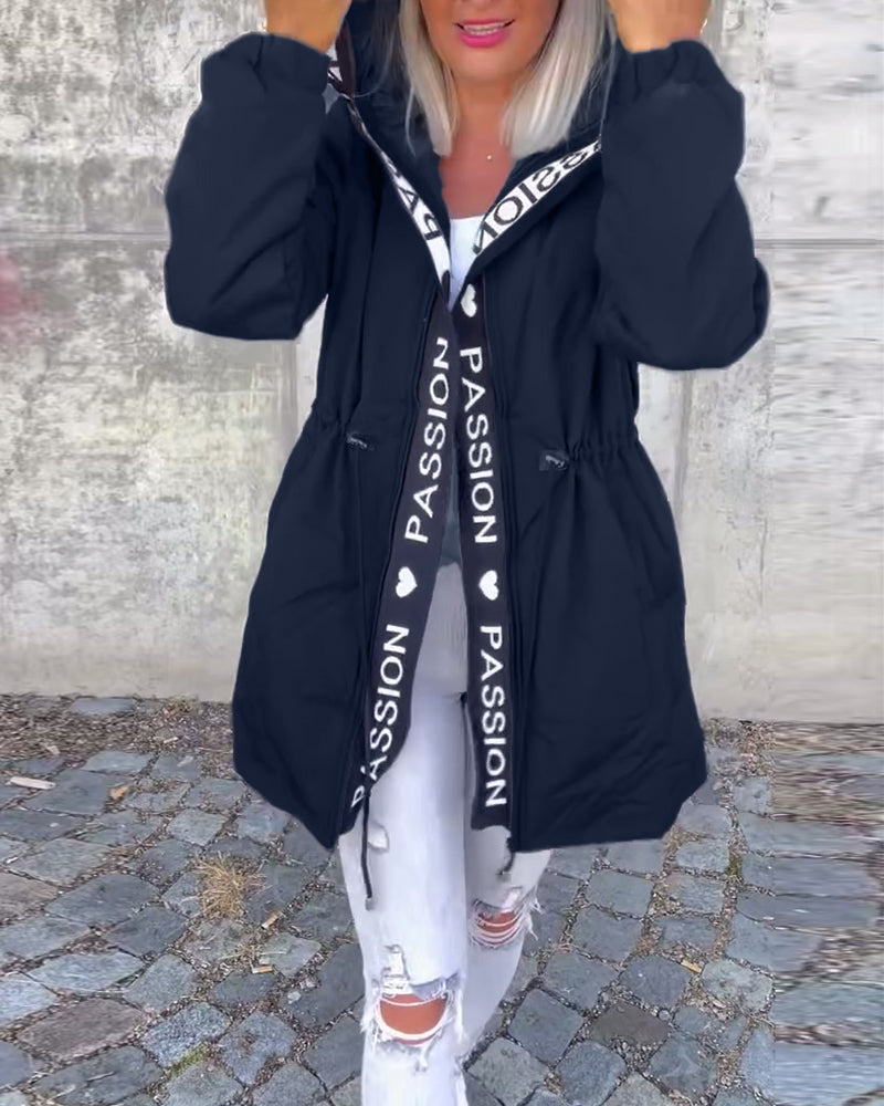 Casual Hooded Coat with Drawstring and Letter Print