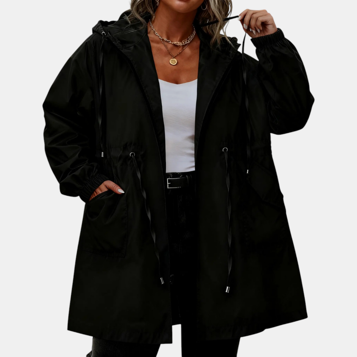 Women's Windbreaker with Drawstring at the Waist, Hood, Long Jacket