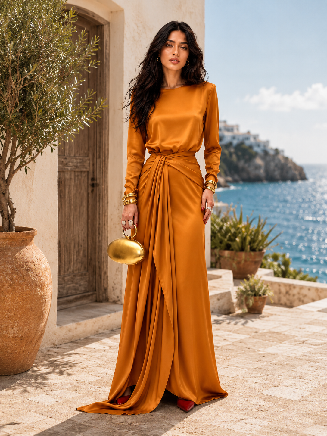 Cassandra | Abito Lungo Donna in Raso Drappeggiato