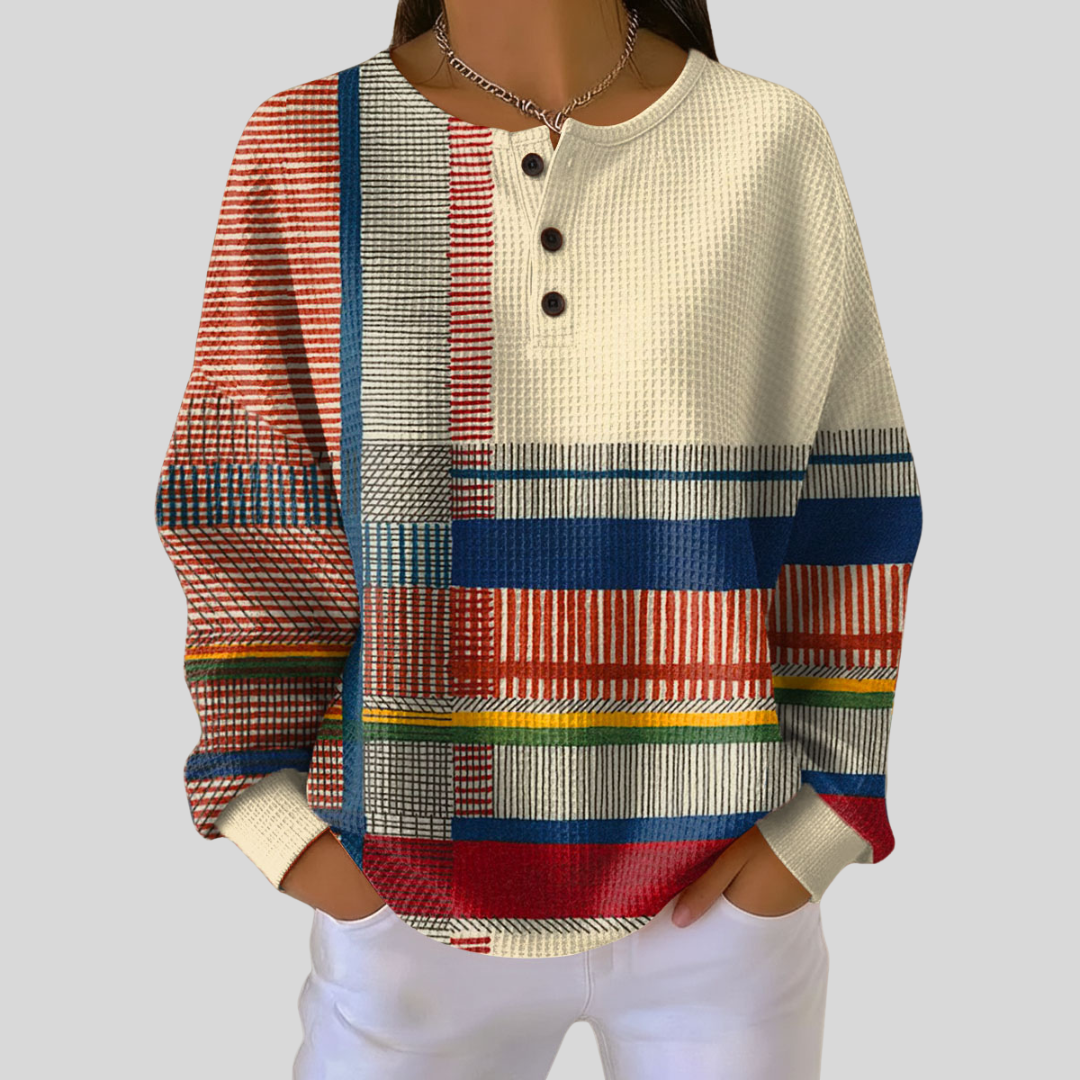 Astrid - Striped Waffle Henley Sweatshirt