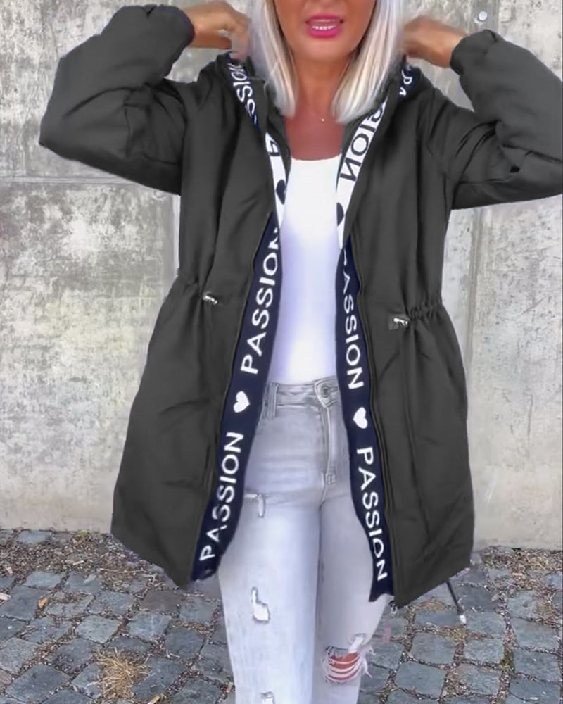 Casual Hooded Coat with Drawstring and Letter Print