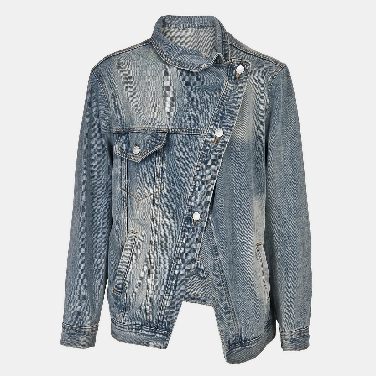 Women's Asymmetrical Button Placket Washed Denim Jacket