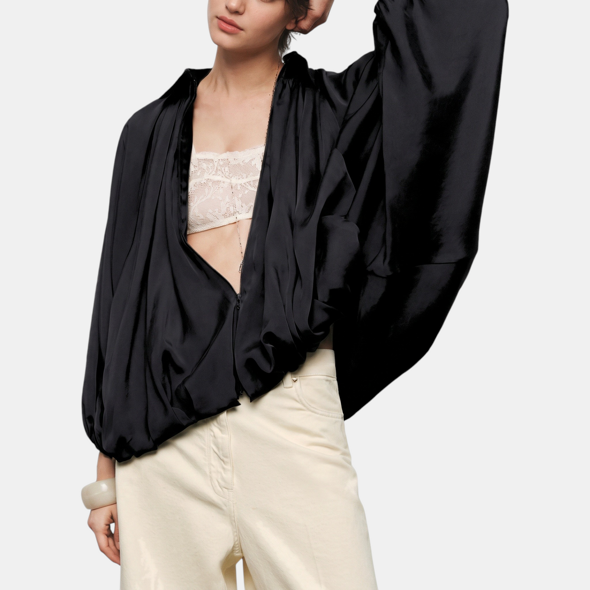 Women's Bomber Jacket with Balloon Sleeves and Zipper in Plus Size