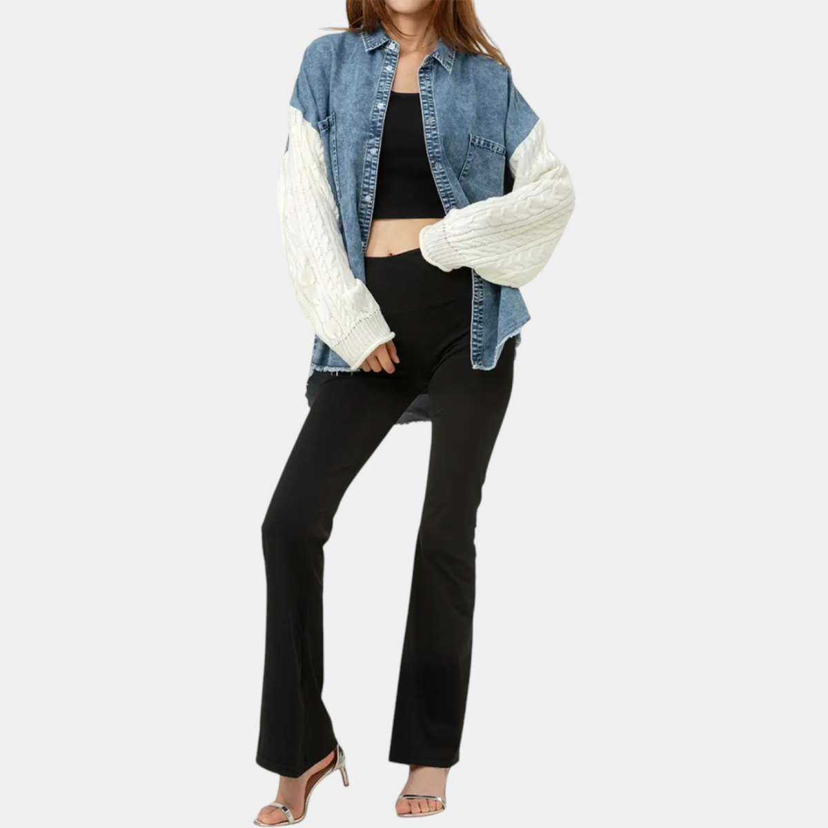 Women's Denim Jacket with Cable Knit Insert and Button Placket, Raw Hem