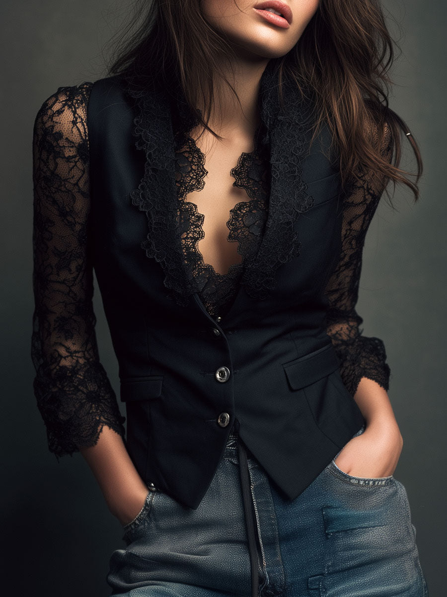 Vittoria | Black Blazer with Semi-Transparent Sleeves