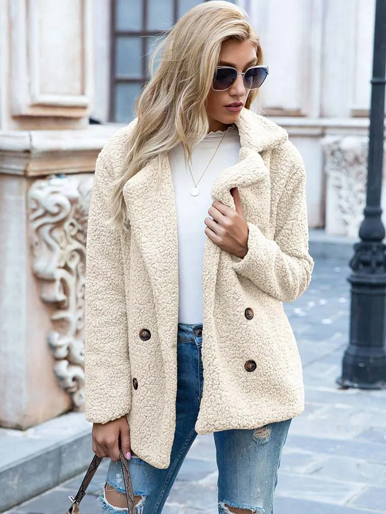 Women's Teddy Coat with Notch Lapel and Button Front