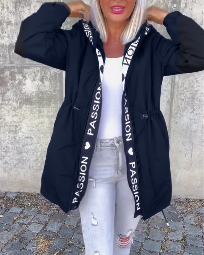 Casual Hooded Coat with Drawstring and Letter Print