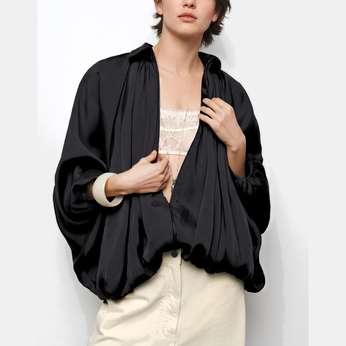 Women's Bomber Jacket with Balloon Sleeves and Zipper in Plus Size