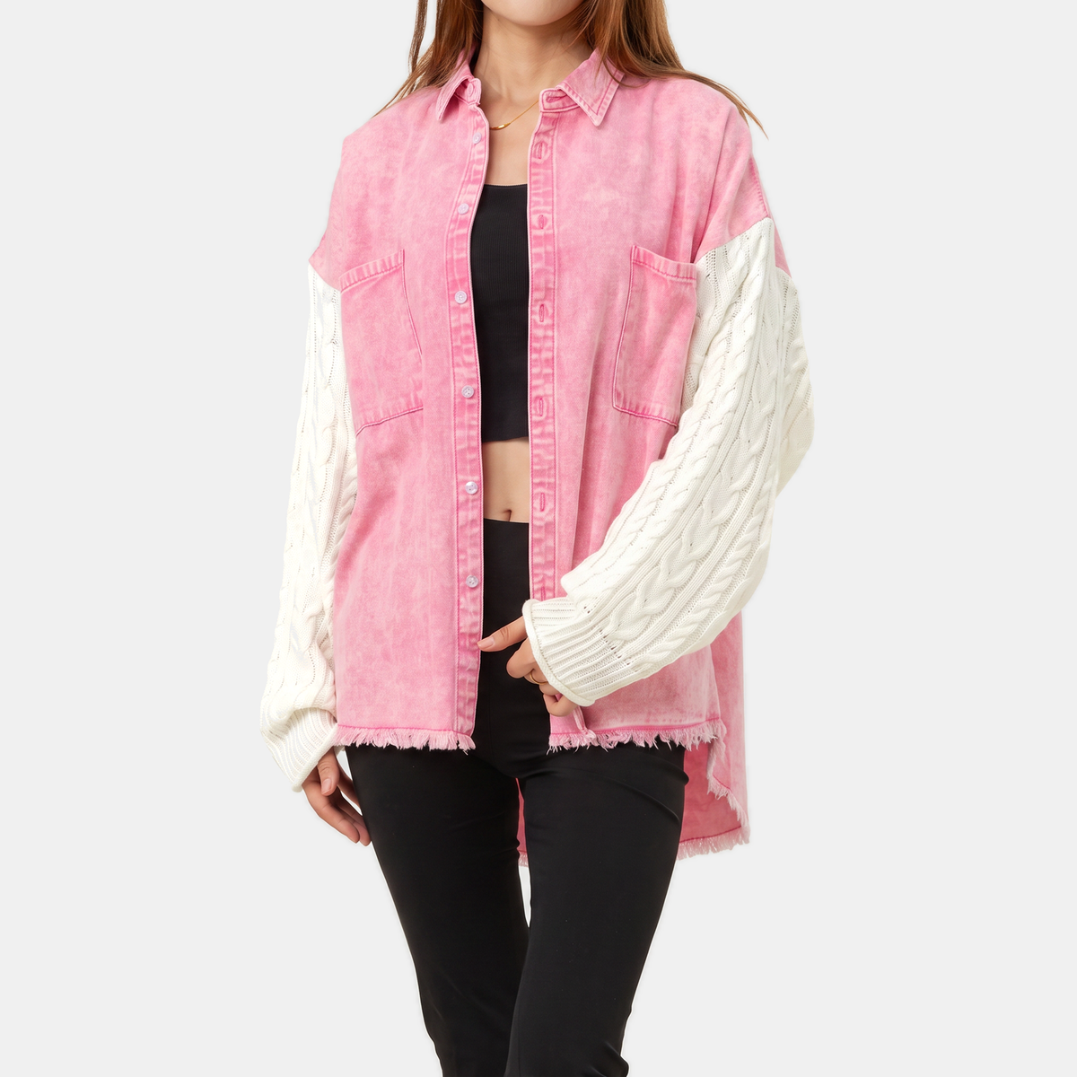 Women's Denim Jacket with Cable Knit Insert and Button Placket, Raw Hem