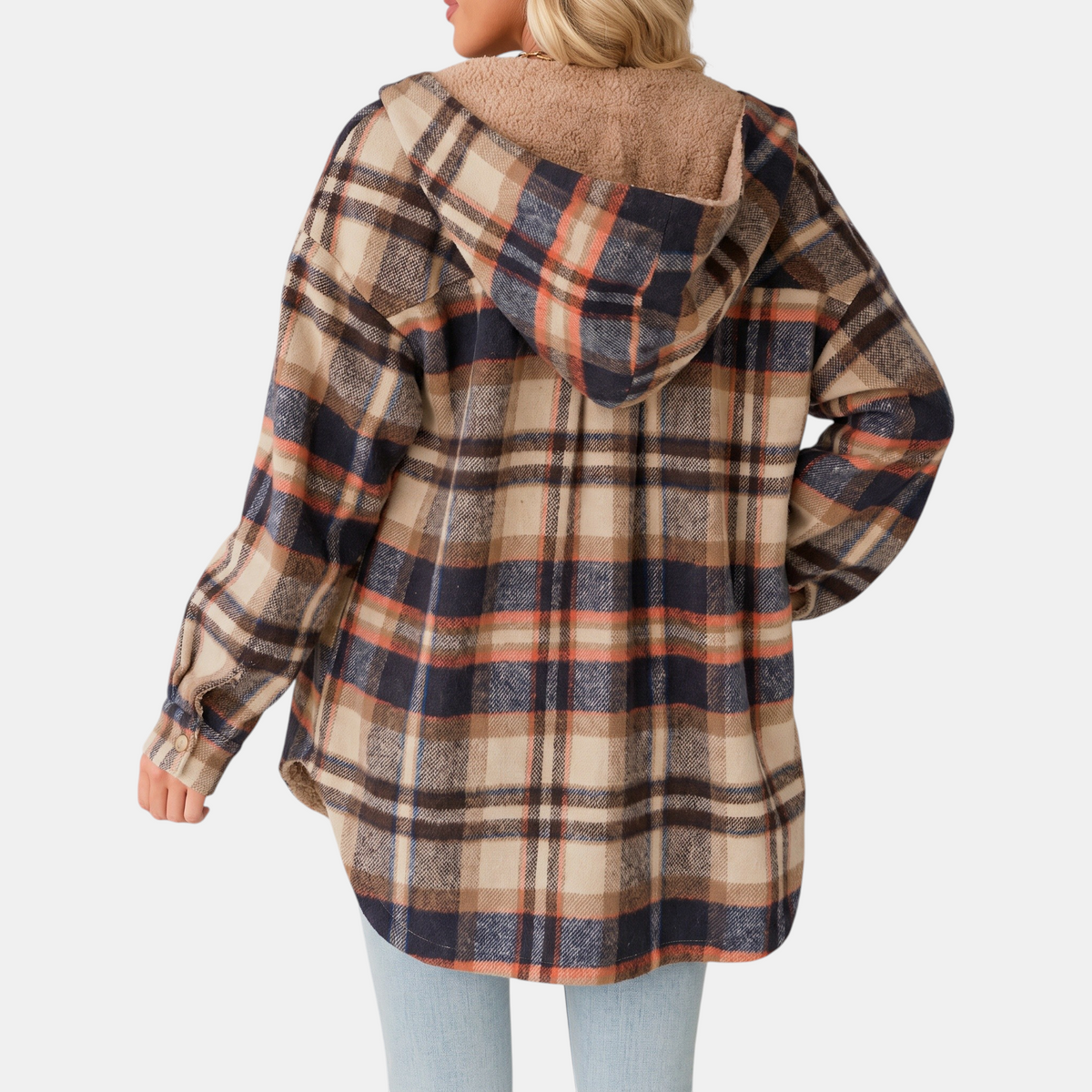 Women's Flannel Hooded Check Shacket Fleece Lined Coat