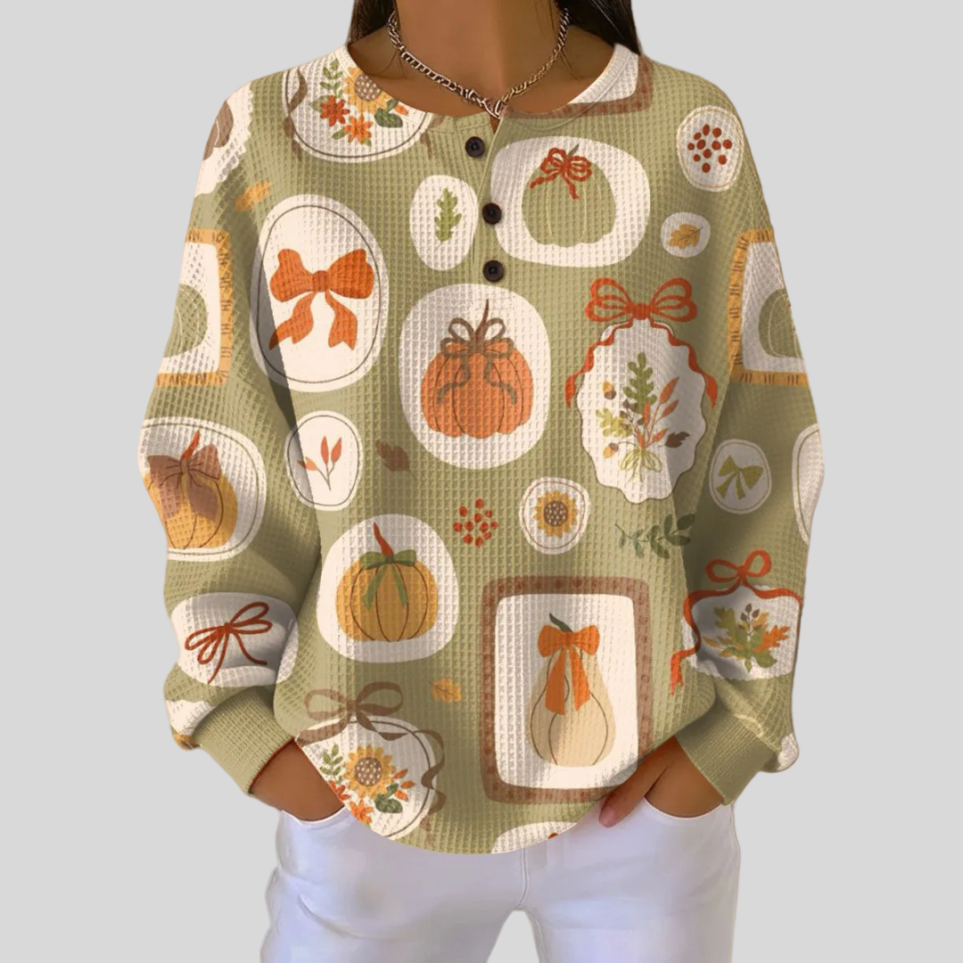 Gemma - Pumpkin And Bow Print Waffle Sweatshirt