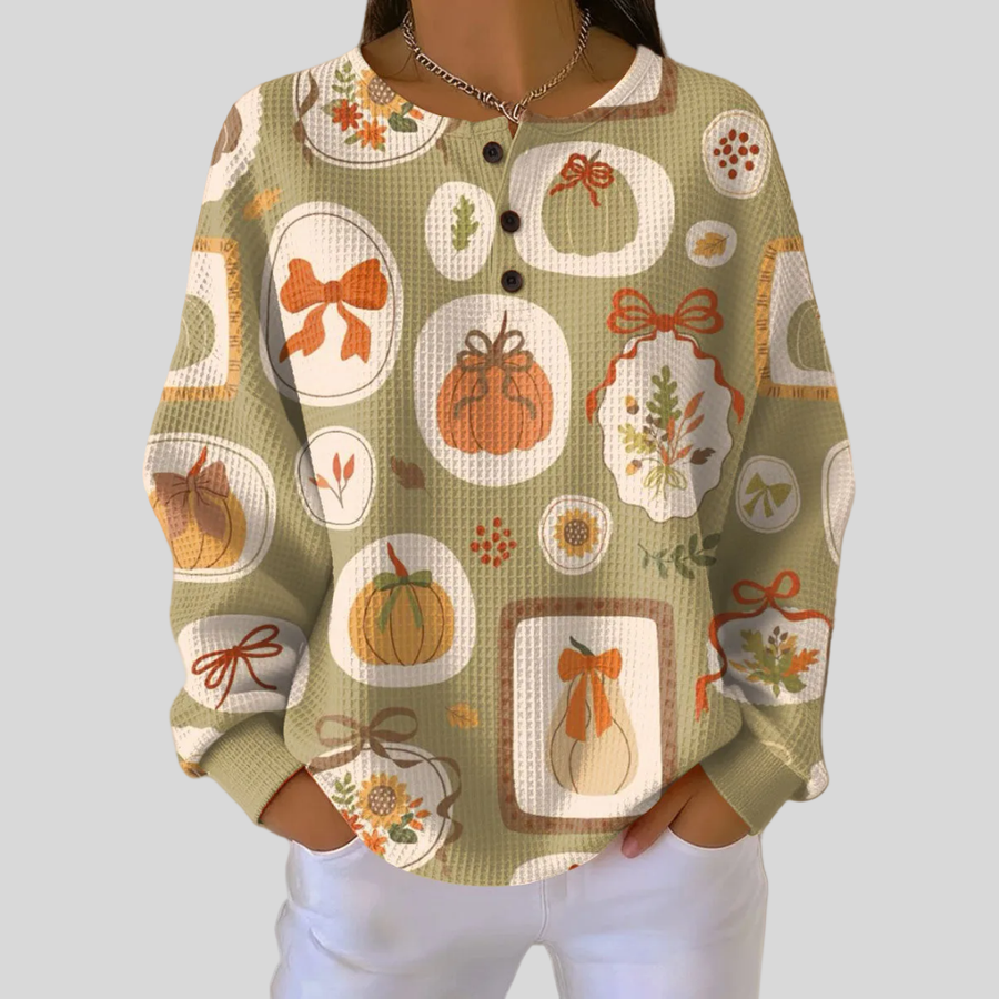 Gemma - Pumpkin And Bow Print Waffle Sweatshirt