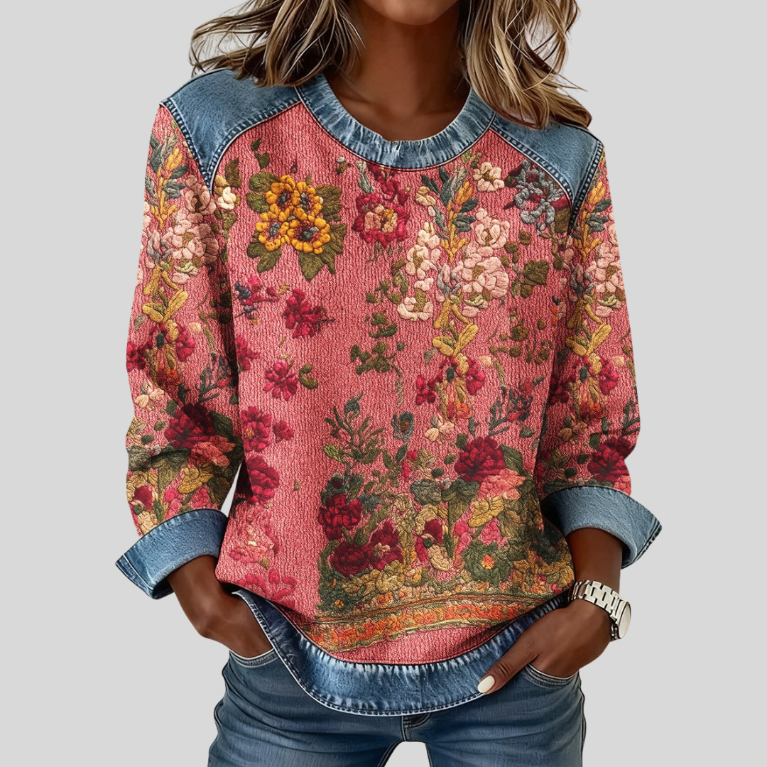 Flora - Floral Print Contrast-Trim Sweatshirt