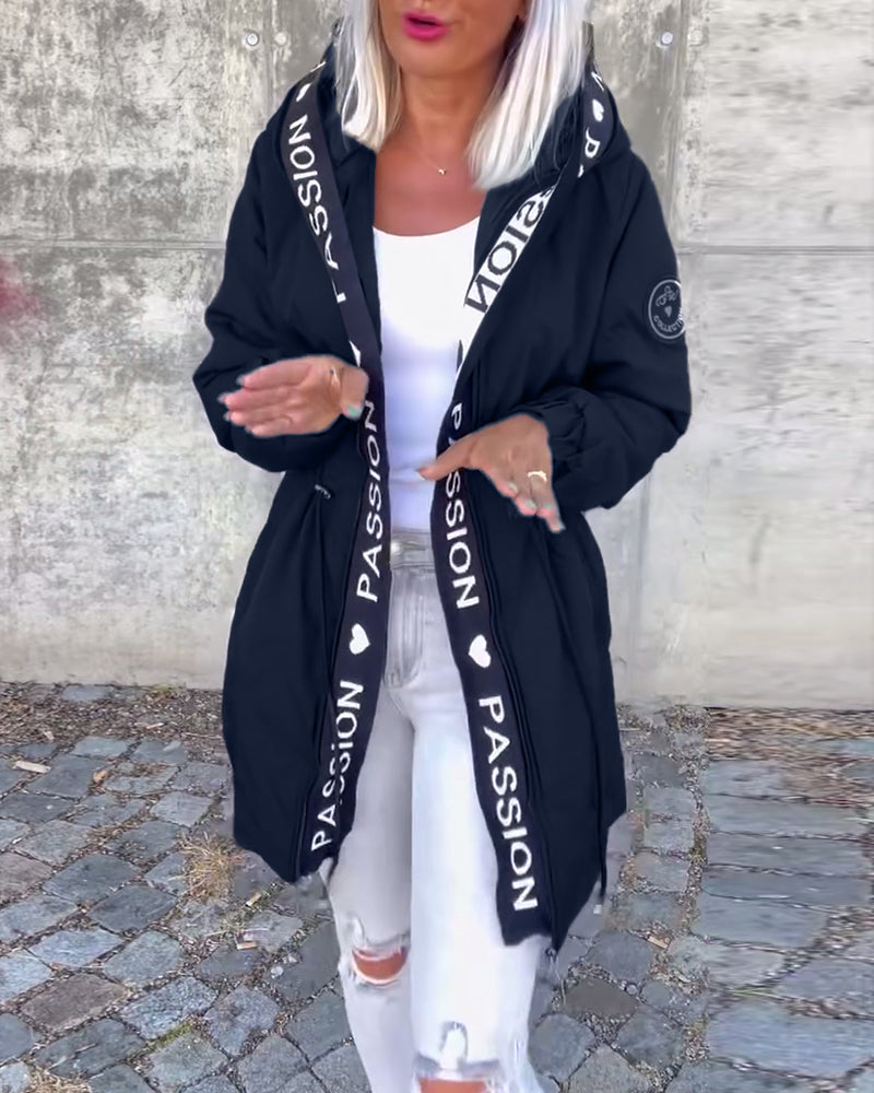 Casual Hooded Coat with Drawstring and Letter Print