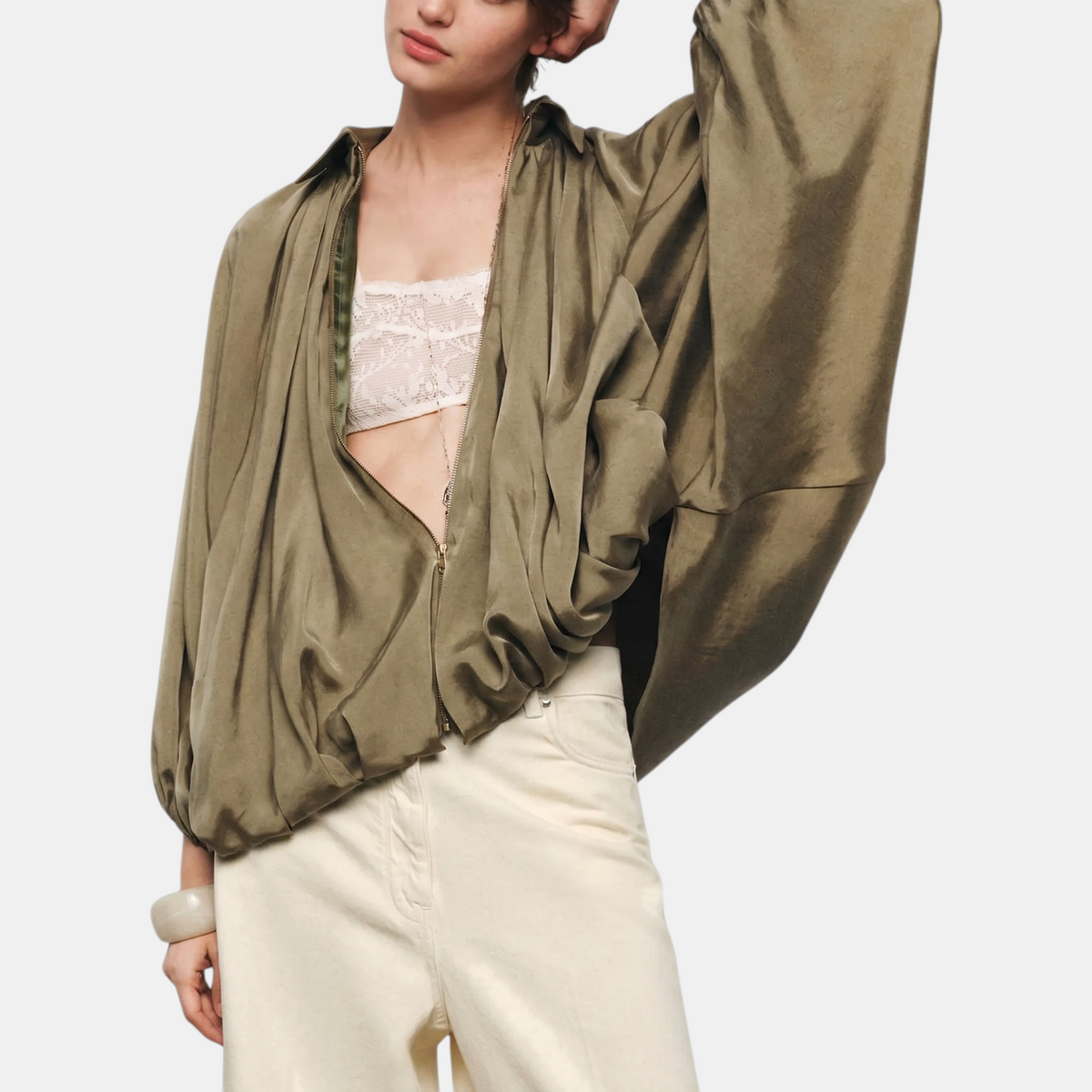 Women's Bomber Jacket with Balloon Sleeves and Zipper in Plus Size