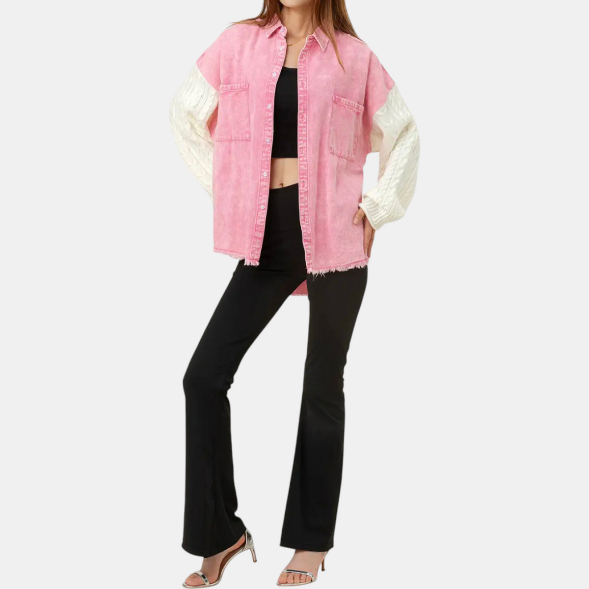 Women's Denim Jacket with Cable Knit Insert and Button Placket, Raw Hem