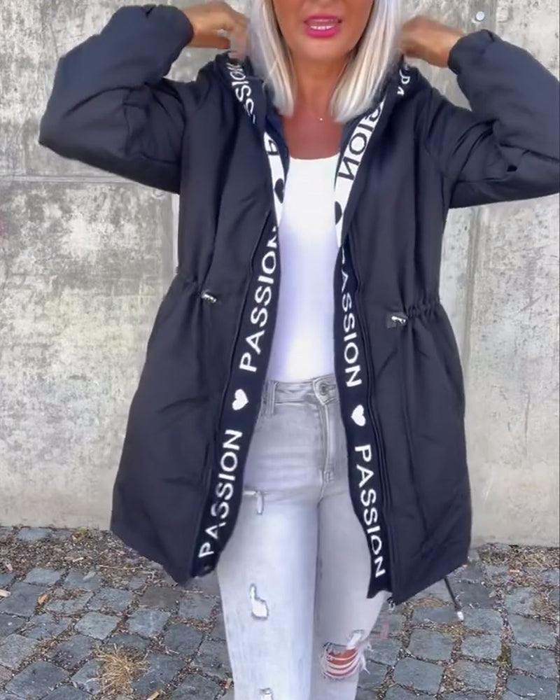 Casual Hooded Coat with Drawstring and Letter Print