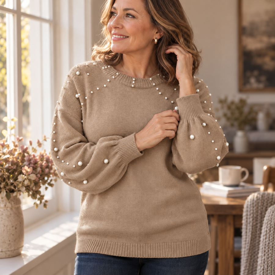 Pearla – Faux Pearl Sleeve Crew-Neck Sweater