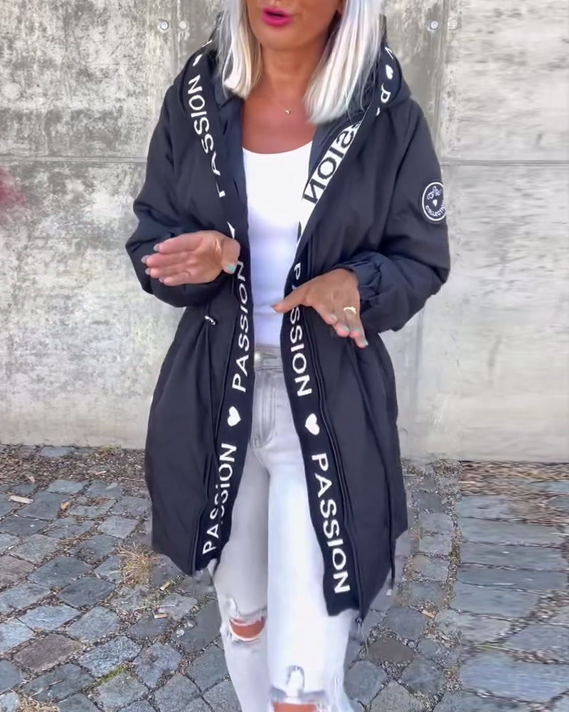 Casual Hooded Coat with Drawstring and Letter Print