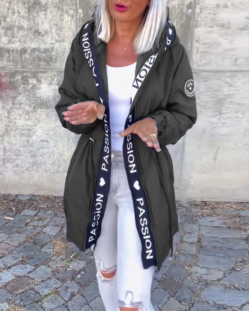Casual Hooded Coat with Drawstring and Letter Print