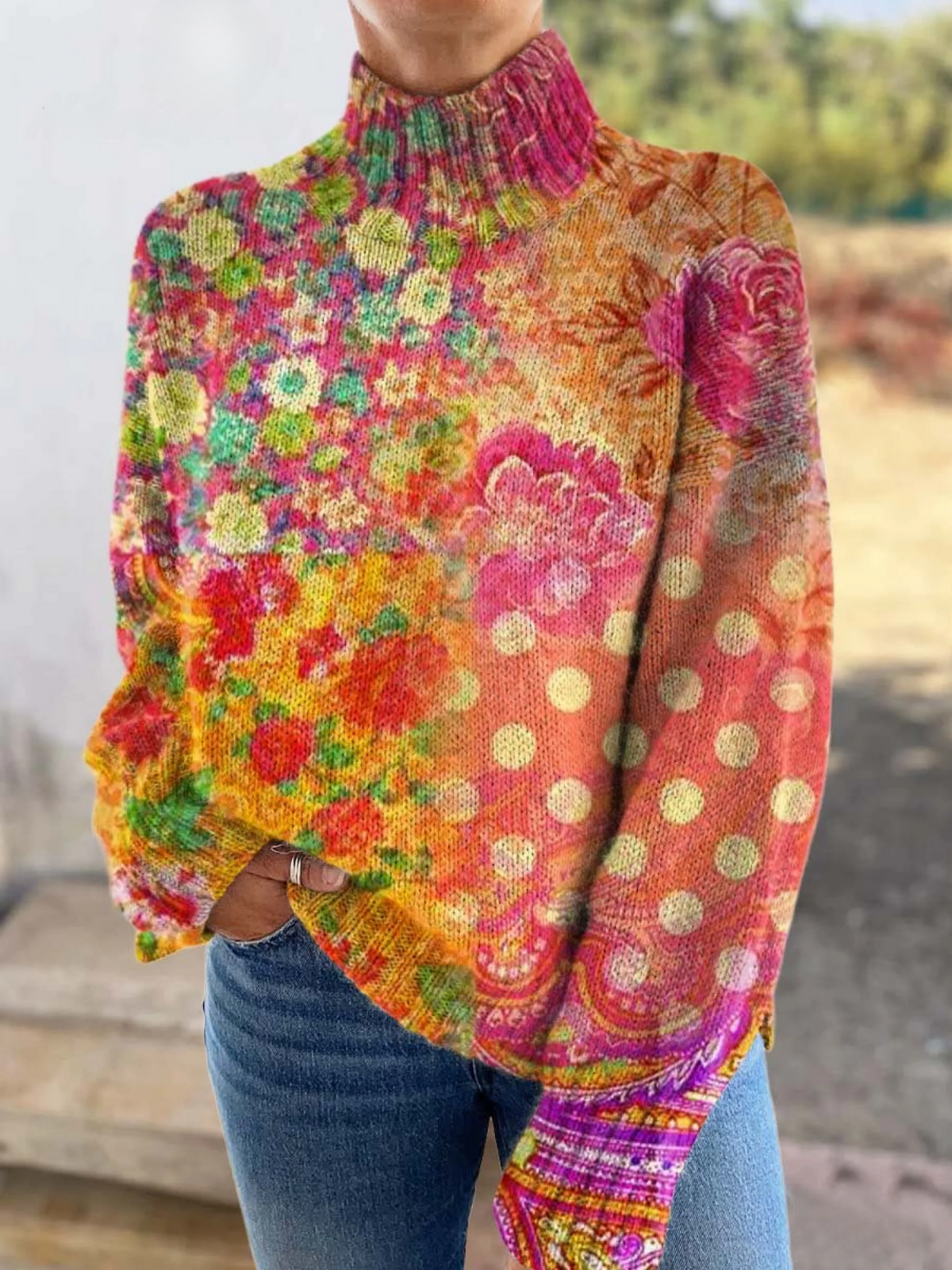 Hattie | Artful Floral High-Neck Sweater