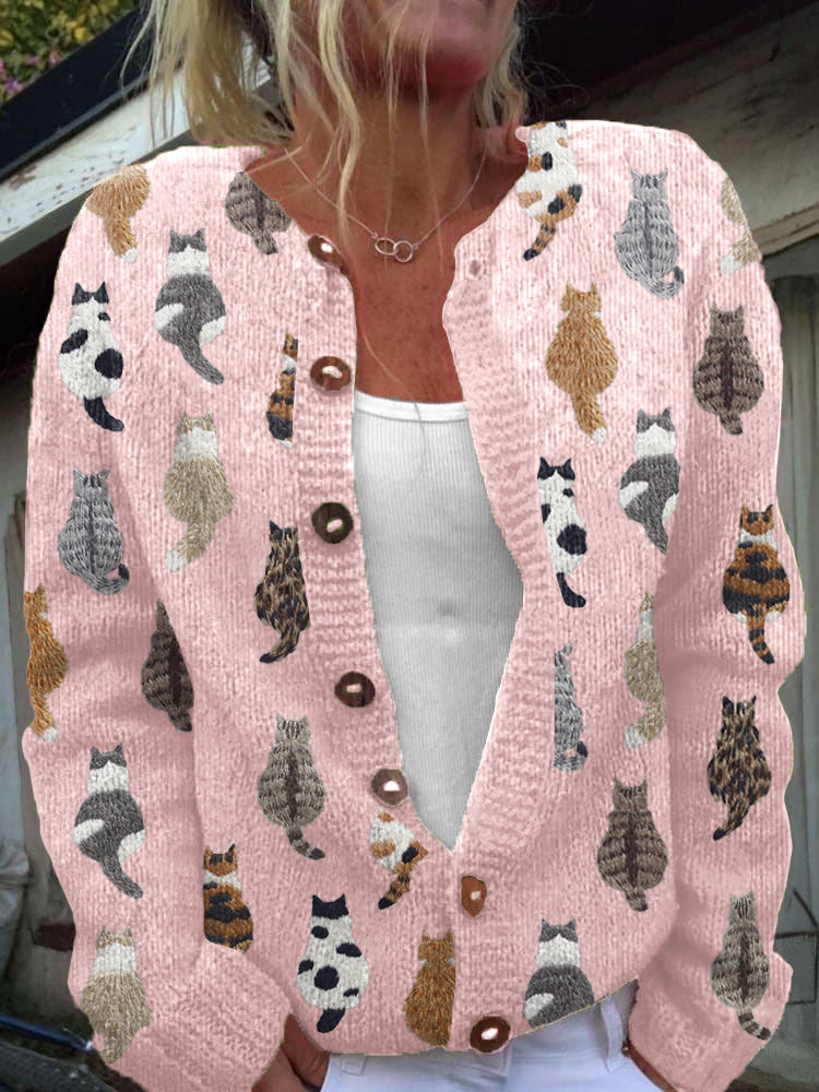 Cozy Cat-Print Button Cardigan