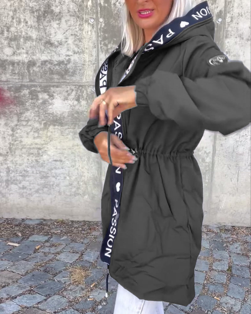 Casual Hooded Coat with Drawstring and Letter Print