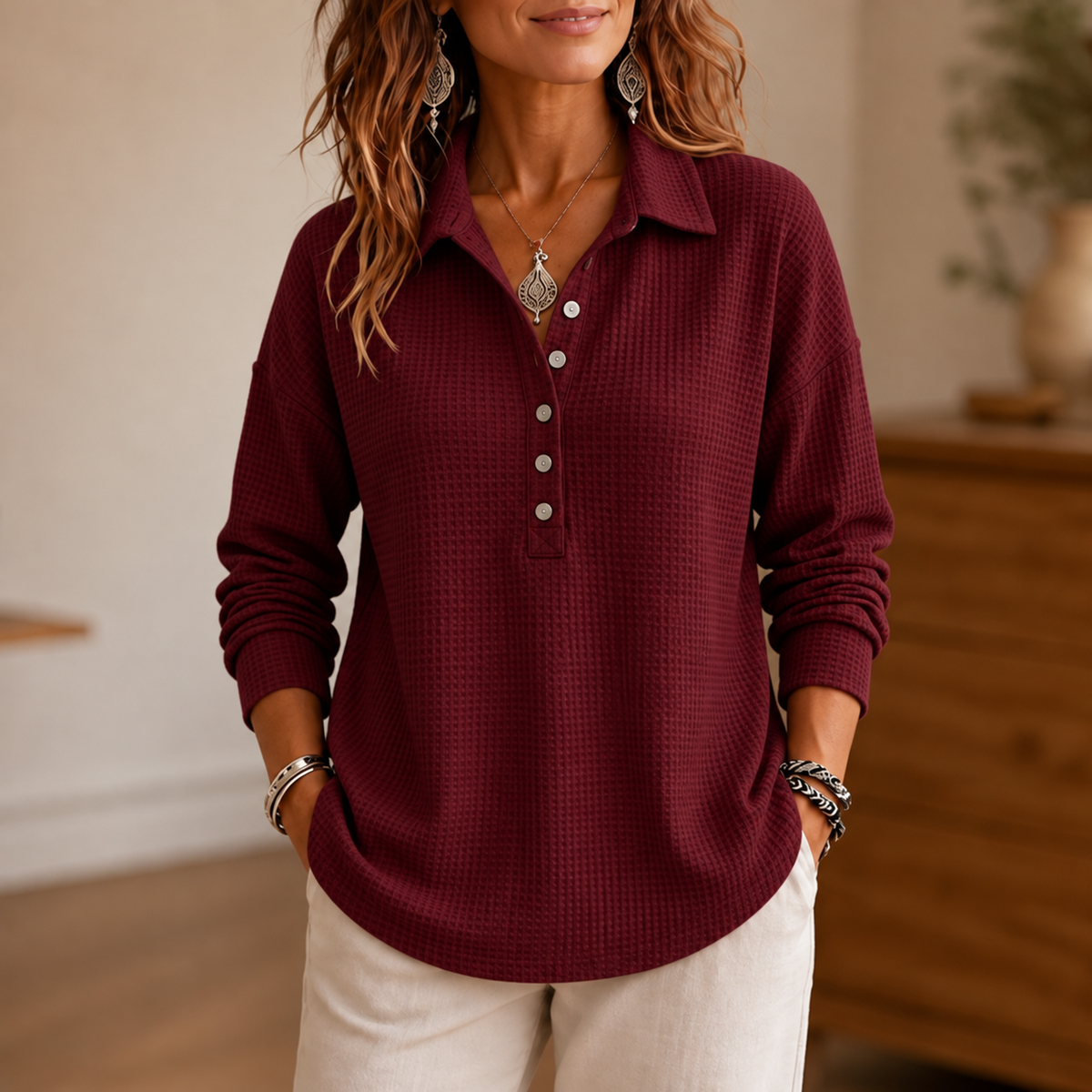 Wearbella – Waffle-Knit Collared Button-Neck Pullover