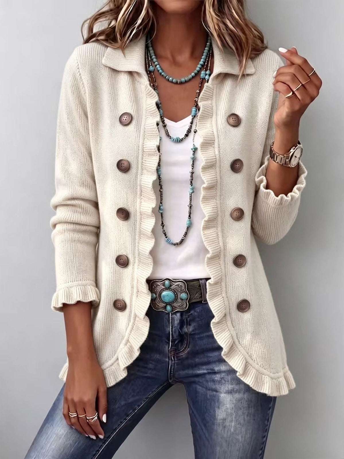 Adelina | Ruffled Ivory Knit Jacket
